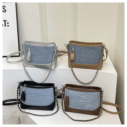 Ielgy Contrast Color Denim Bag All-Match Chain Cross-Body Bucket Bag