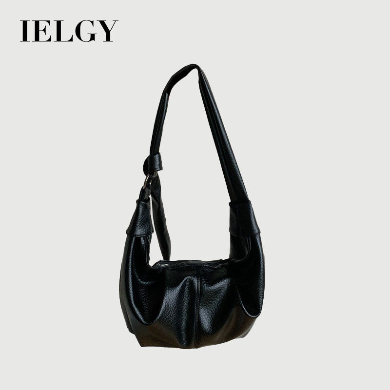 Ielgy Ladies Large-Capacity Retro Soft Leather Pleated Dumpling Bag Lazy Style Casual All-Match Croissant Shoulder Mess