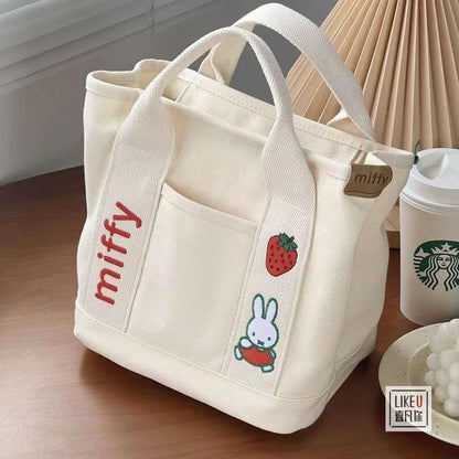 Ielgy Cartoon Strawberry Rabbit Embroidered Canvas Bag Outing Hand Bag Lunch Bag Office Worker Portable Storage Bag