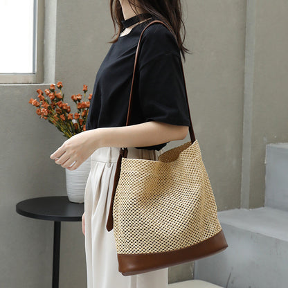Ielgy Japanese Casual Stitching Child-Mother Bag Vacation Beach Straw Woven One-Shoulder Messenger Fe