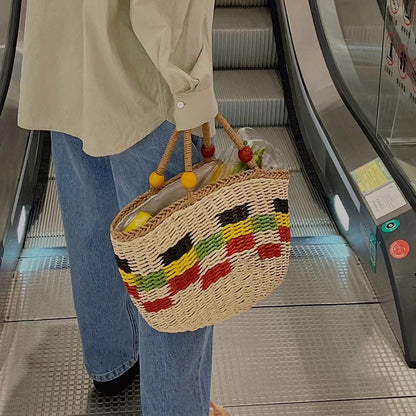 Ielgy Cute Wooden Bead Portable Straw Bag Small Fresh Colorful Lattice Hand-Carrying Woven Bag Fruit Picnic Basket Beach Bag