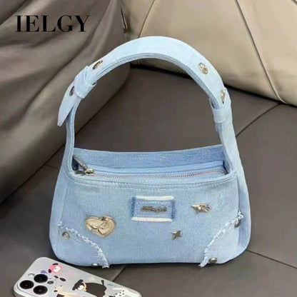 Ielgy Niche Design Metal Star Denim Underarm Small Square Bag Retro Commuter Portable Shoulder Bag