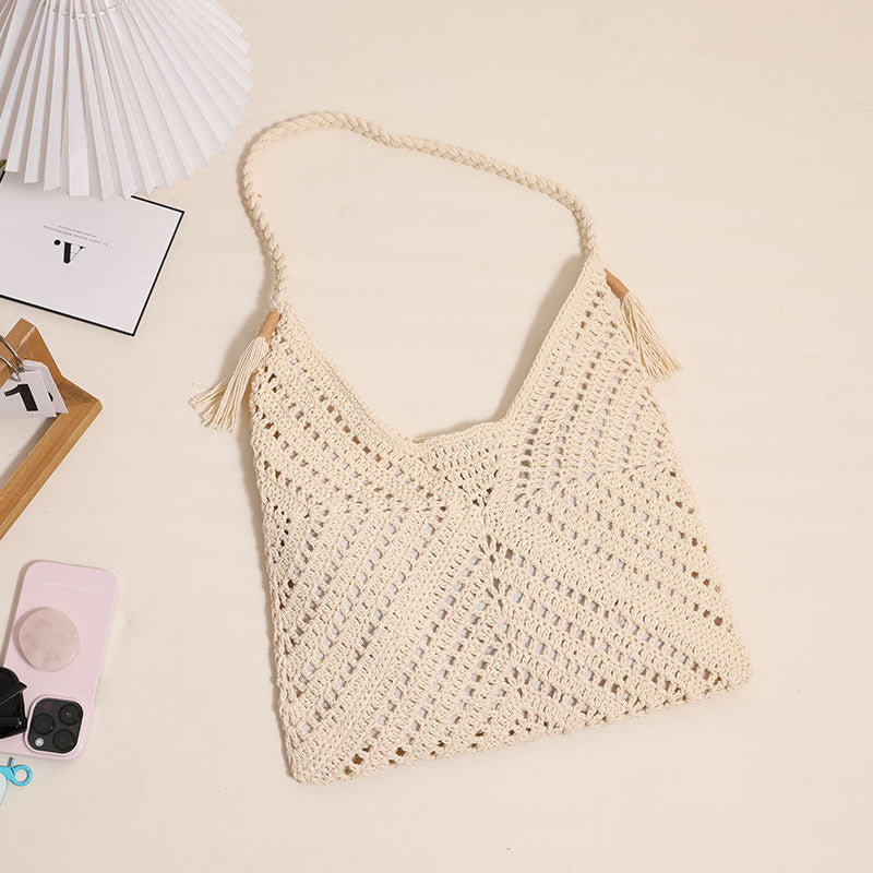 Ielgy All-Match Triangle Hollow Cross-Body Cotton Thread Woven Female Bag Leisure Straw Woven Vac