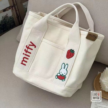 Ielgy Cartoon Strawberry Rabbit Embroidered Canvas Bag Outing Hand Bag Lunch Bag Office Worker Portable Storage Bag