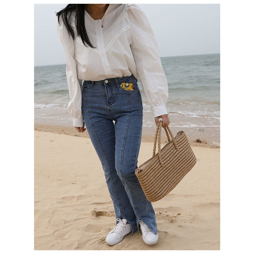 Ielgy Ladies Portable Vegetable Basket Woven Bag Large Capacity Seaside Beach Bag