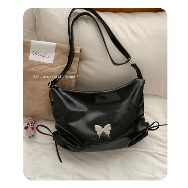 Ielgy Ladies Black Niche Underarm Bag Cool Casual Large-Capacity Cross-Body Commuter Tote Bag