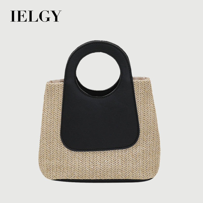 Ielgy Ladies Retro Contrast Color Stitching Straw Bag Large Capacity Hand-Woven Bag Simple Fashion One-Shoulder Handba