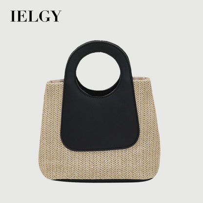 Ielgy Ladies Retro Contrast Color Stitching Straw Bag Large Capacity Hand-Woven Bag Simple Fashion One-Shoulder Handba
