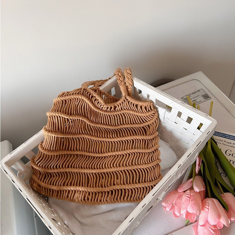 Ielgy Korean Version Retro Hollow One-Shoulder Cotton Thread Woven Bag Lazy Style Portable Straw Seaside Vacation Beach Bag