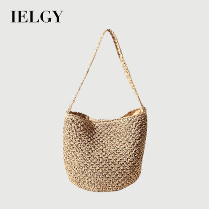 Ielgy Ladies Hand-Woven Bucket Bag Seaside Vacation Beach Bag