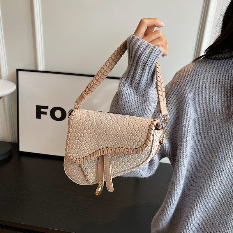 Ielgy Ladies Fashion One-Shoulder Messenger Bag Imitation Woven Fabric Large-Capacity Portable Saddle Bag