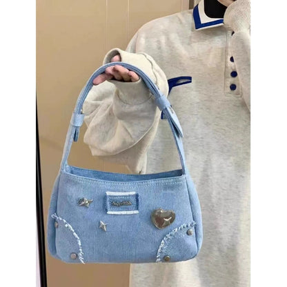 Ielgy Niche Design Metal Star Denim Underarm Small Square Bag Retro Commuter Portable Shoulder Bag