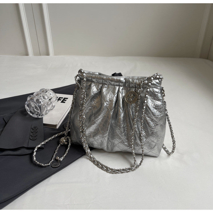 Ielgy Ladies Silver Tote Bag Korean Version Work Commuter Large-Capacity Pleated One-Shoulder Armpit Bag