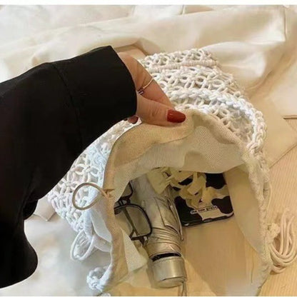 Ielgy Ladies Hollow Cotton Thread Woven Bag One Shoulder Tassel Straw Woven Holiday Style Beach Bag All-Match