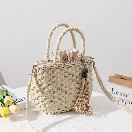 Ielgy Straw Bag Cute Handmade Bucket Rattan Bag One Shoulder Messenger Woven Bag