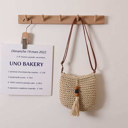 Ielgy One-Shoulder Messenger Straw Woven Female Bag Wooden Bead Tassel Woven Bag Vacation Style Beach Bag