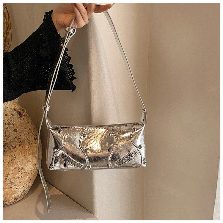 Ielgy Ladies Fashionable Hot Girl Style High-End Simple Shoulder Bag All-Match Silver Cross-Body Bag