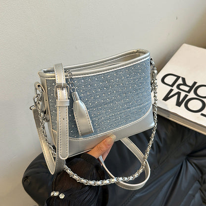 Ielgy Contrast Color Denim Bag All-Match Chain Cross-Body Bucket Bag