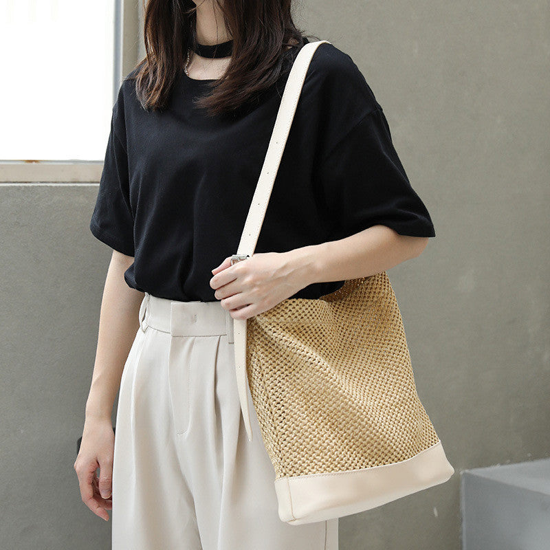 Ielgy Japanese Casual Stitching Child-Mother Bag Vacation Beach Straw Woven One-Shoulder Messenger Fe