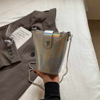 Ielgy Korean Version Casual Silver Bucket Bag Fashion Simple Shoulder Ladies Cross-body Mobile Phone Bag