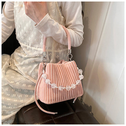Ielgy Ladies Niche Pleated All-Match Messenger Bag Fashion Beaded Portable Bucket Bag