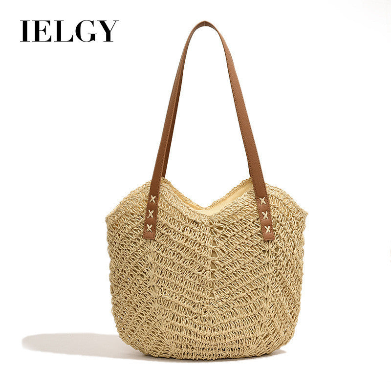 Ielgy One-Shoulder Messenger Large-Capacity Straw Woven Retro Woven Crossbody Bag