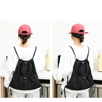 Ielgy Japanese Casual Art Canvas Backpack Fashion Drawstring Pleated School Bag Nylon Large-Capacity Backpack Khaki