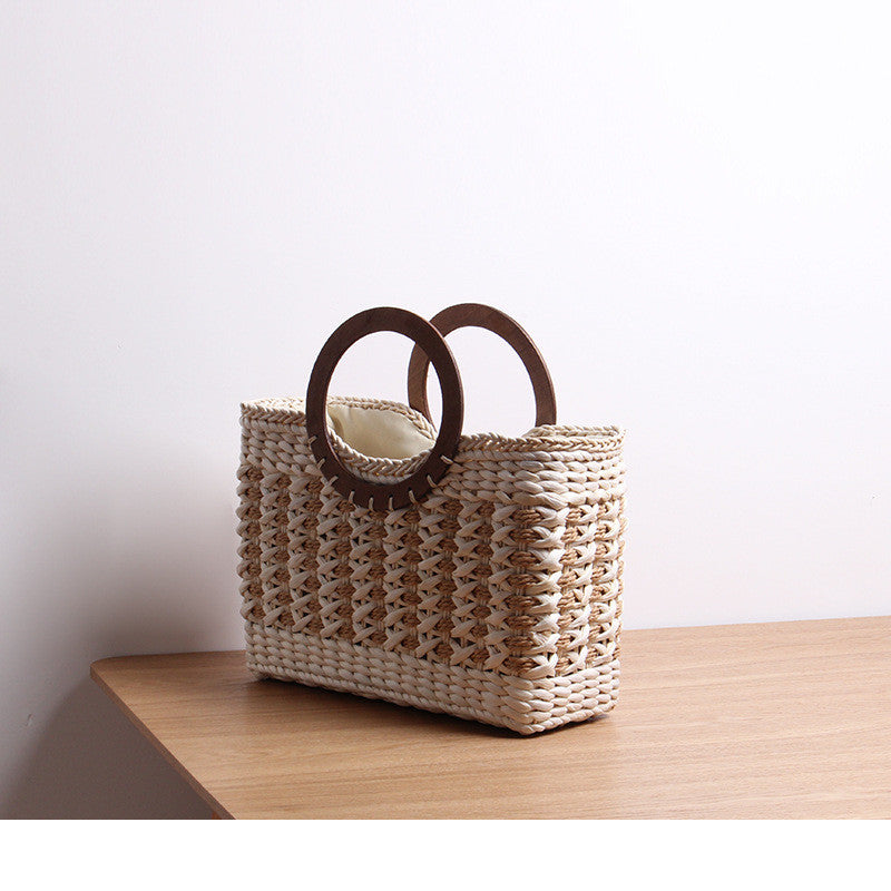 Ielgy Ladies Retro Striped Straw Bag Mori Series Large Capacity Vacation Rattan Beach Bag