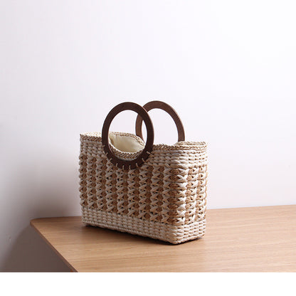 Ielgy Ladies Retro Striped Straw Bag Mori Series Large Capacity Vacation Rattan Beach Bag