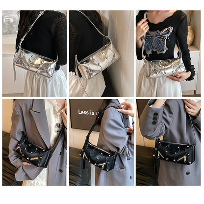 Ielgy Ladies Fashionable Hot Girl Style High-End Simple Shoulder Bag All-Match Silver Cross-Body Bag