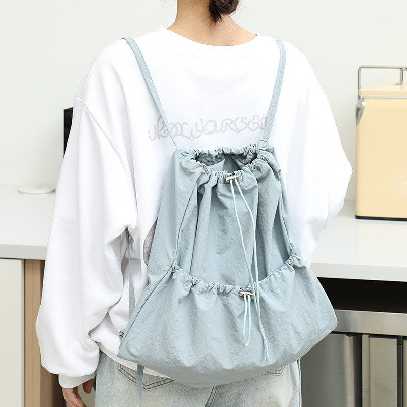 Ielgy Japanese Casual Art Canvas Backpack Fashion Drawstring Pleated School Bag Nylon Large-Capacity Backpack Khaki