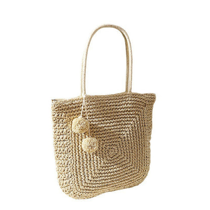 Ielgy Cute Fur Ball Straw Bag All-Match Large-Capacity Hand-Woven One-Shoulder Portable Be
