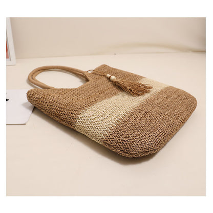 Ielgy Ladies Two-Color Tassel Woven Bag Fashion One-Shoulder Casual Straw Beach Bag