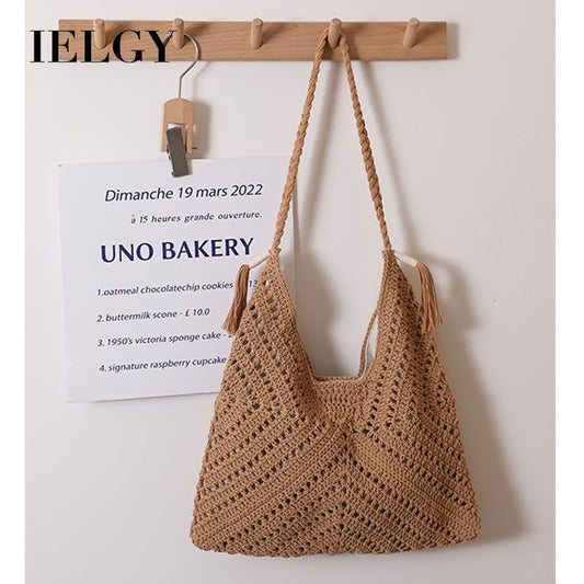 Ielgy All-Match Triangle Hollow Cross-Body Cotton Thread Woven Female Bag Leisure Straw Woven Vac