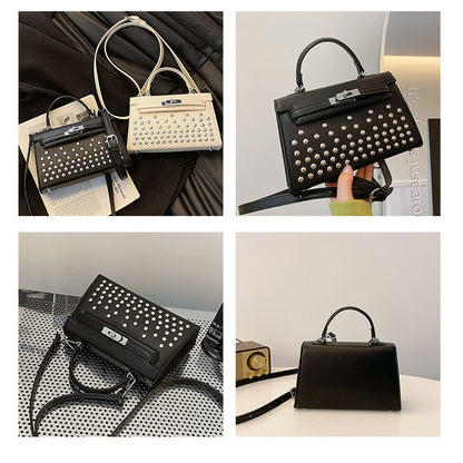 Ielgy Ladies Black Rivet Silver Buckle Messenger Bag