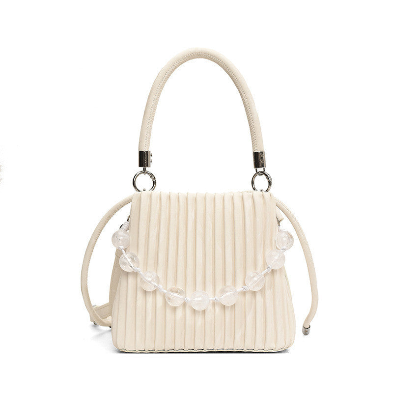 Ielgy Ladies Niche Pleated All-Match Messenger Bag Fashion Beaded Portable Bucket Bag