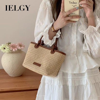 Ielgy Beach Style Portable Woven Small Bag Shoulder Cross-body Vegetable Basket Bucket Straw Bag
