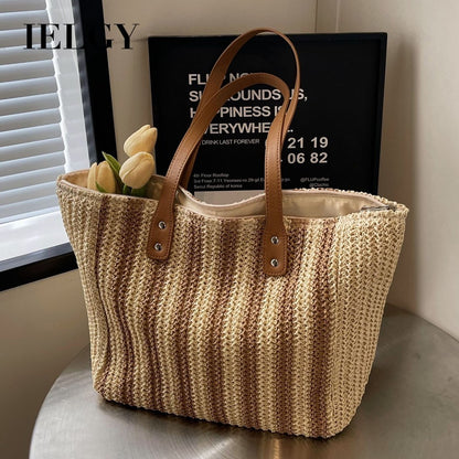Ielgy Retro Large-Capacity Straw Woven One-Shoulder Texture Woven Beach Vacation Tote Bag