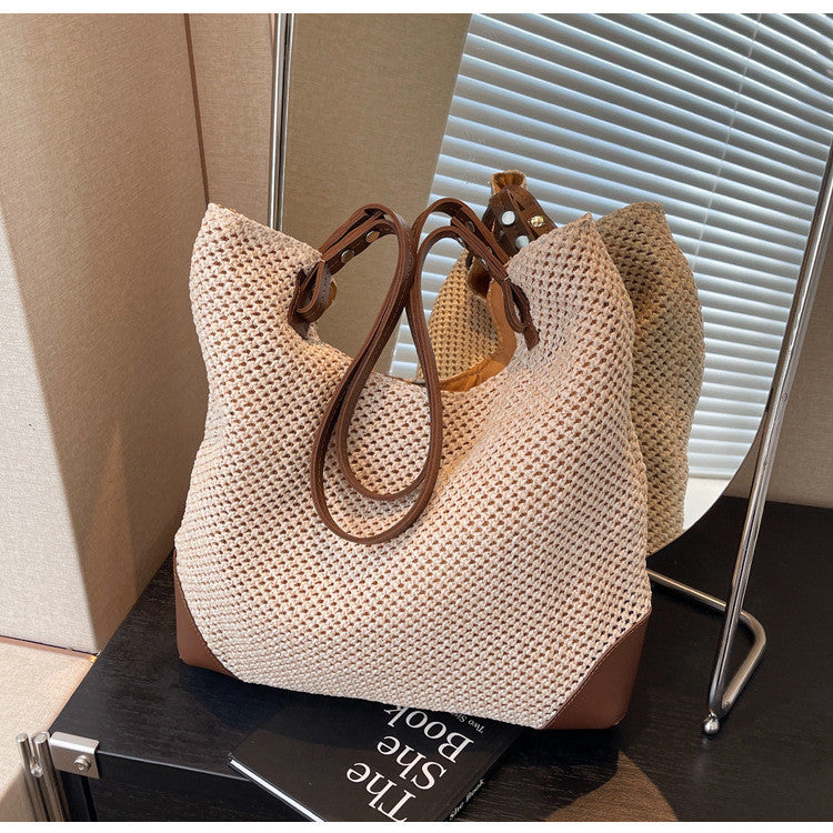 Ielgy Ladies Hand-Woven Straw Woven All-Match Large-Capacity Retro One-S