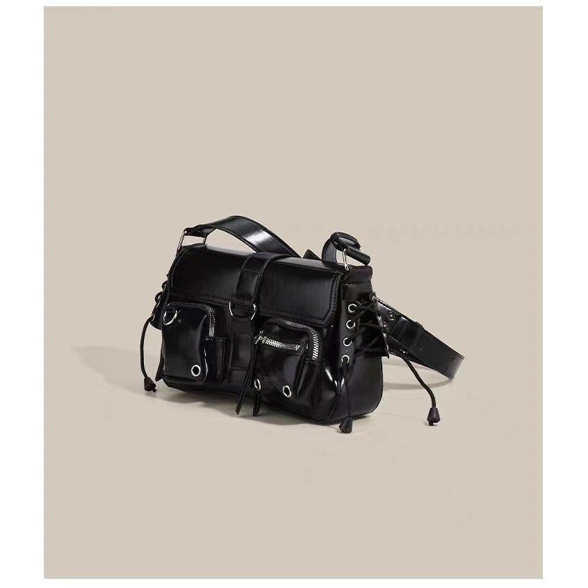 Ielgy High-End Feeling Black Motorcycle Bag Sweet Cool Hot Girl Baguette Bag Niche One-Shoulder Messenger Underarm Bag