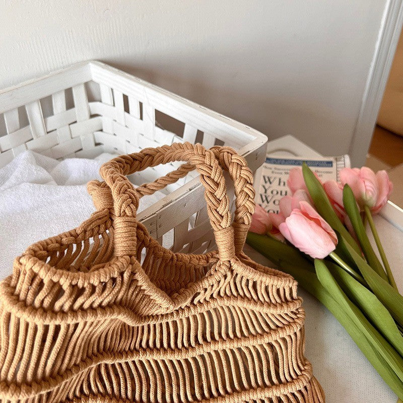 Ielgy Korean Version Retro Hollow One-Shoulder Cotton Thread Woven Bag Lazy Style Portable Straw Seaside Vacation Beach Bag