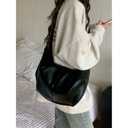 Ielgy Ladies Large-Capacity Retro Soft Leather Pleated Dumpling Bag Lazy Style Casual All-Match Croissant Shoulder Mess