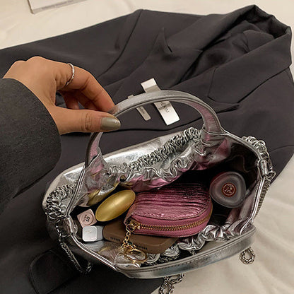 Ielgy Ladies Portable Pleated Bag Chain Silver Crossbody Cloud Bag