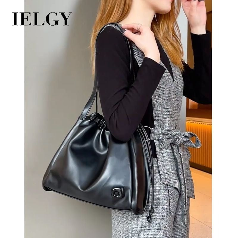 Ielgy Black Large Capacity Drawstring Tote Bag High-End Texture Niche Commuter Soft Leather Shoulder Bag