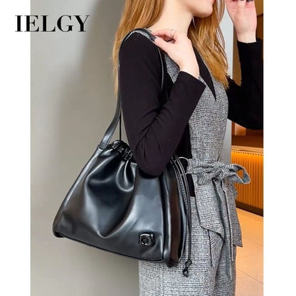 Ielgy Black Large Capacity Drawstring Tote Bag High-End Texture Niche Commuter Soft Leather Shoulder Bag