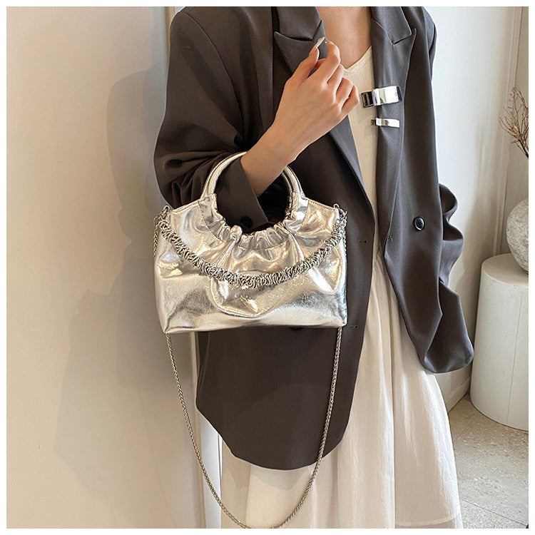 Ielgy Ladies Portable Pleated Bag Chain Silver Crossbody Cloud Bag