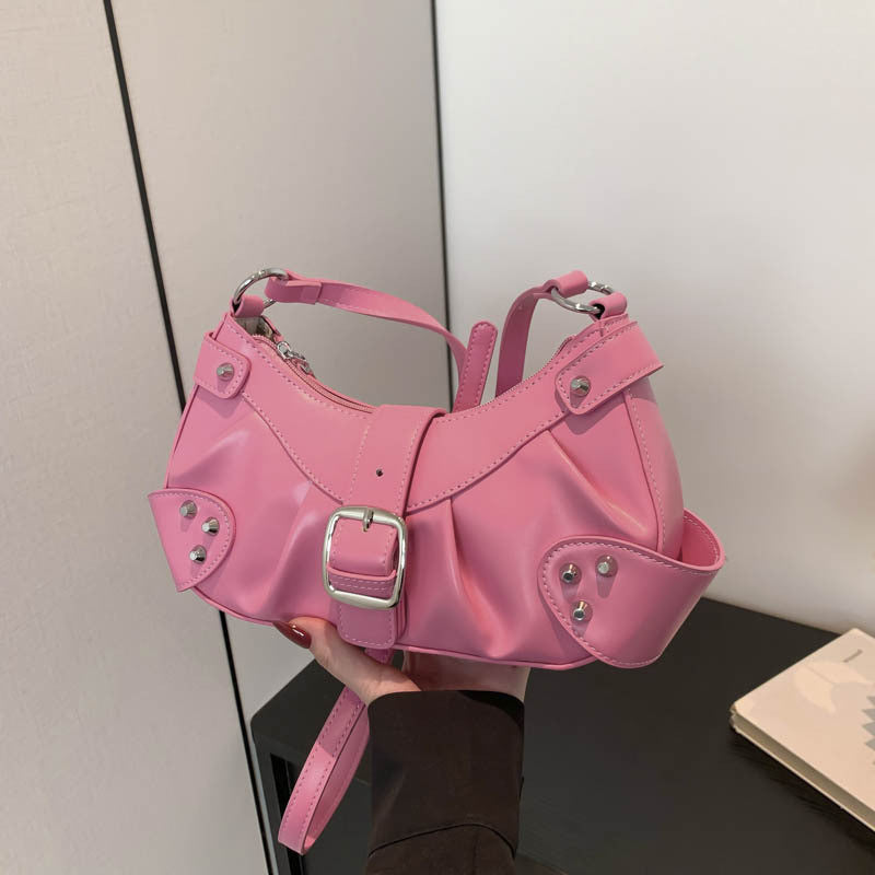 Ielgy Folded Motorcycle Style One-Shoulder Underarm Silver Bag Ladies Fashion Commuter Diagonal Small Square Bag