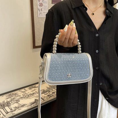 Ielgy Beaded Portable Denim Small Square Bag Summer All-Match Texture Fashion One-Shoulder Messenger Bag