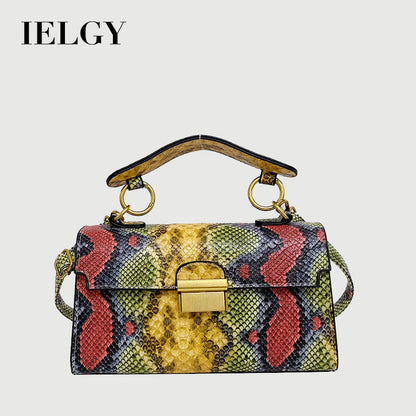 Ielgy Ladies Commuter Shoulder Small Square Bag Contrast Color Snake Pattern Chain Underarm Diagonal Bag