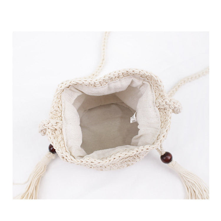 Ielgy Korean Version Cotton Thread Tassel Drawstring Bucket Bag Simple Straw Beach One-Shoulder Woven Mini Messenger Female Bag